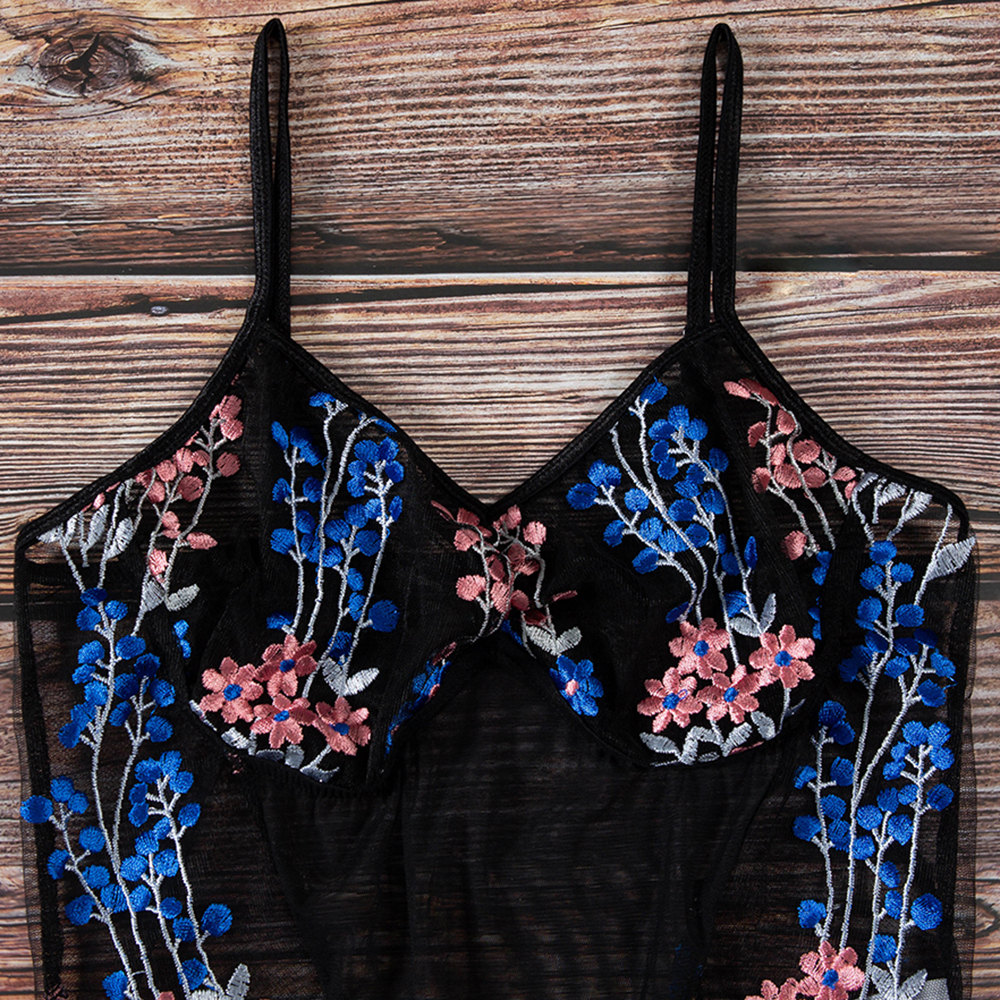 Black Embroidery Flower Transparent Teddies
