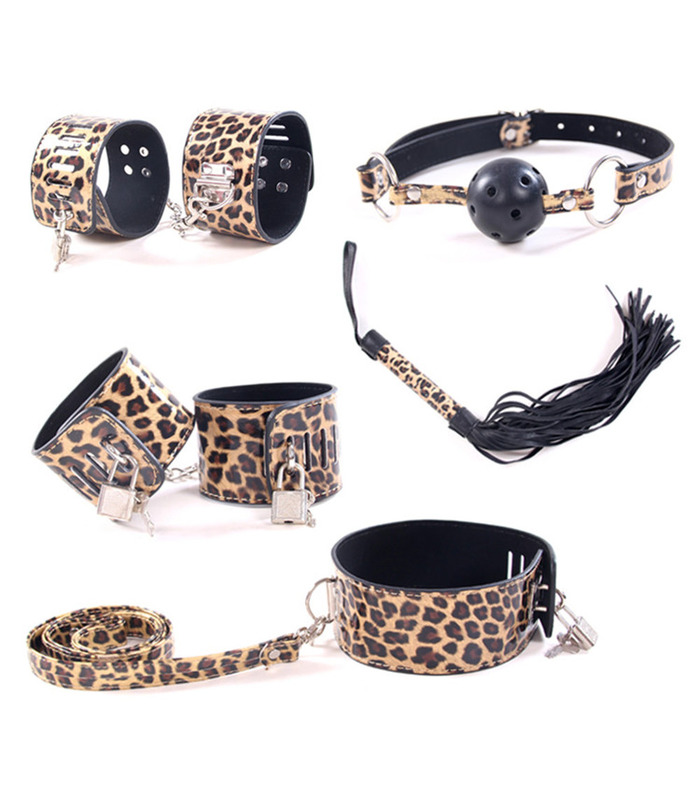 Leopard Bondage Restraints Kit BDSM Ball Gags 5 Piece