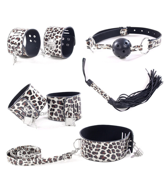 Leopard Bondage Restraints Kit BDSM Ball Gags 5 Piece