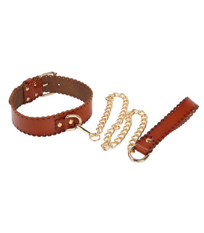 PU Leather Metal Chain Leash SM Restraint Tied Collar Slave Play Restraints Adult Games Toys - Orange