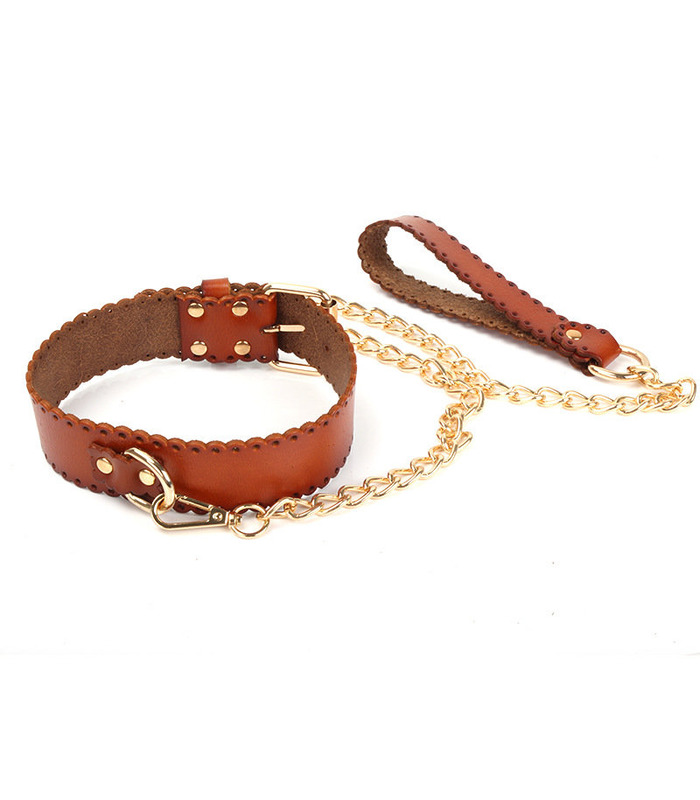 PU Leather Metal Chain Leash SM Restraint Tied Collar Slave Play Restraints Adult Games Toys - Orange