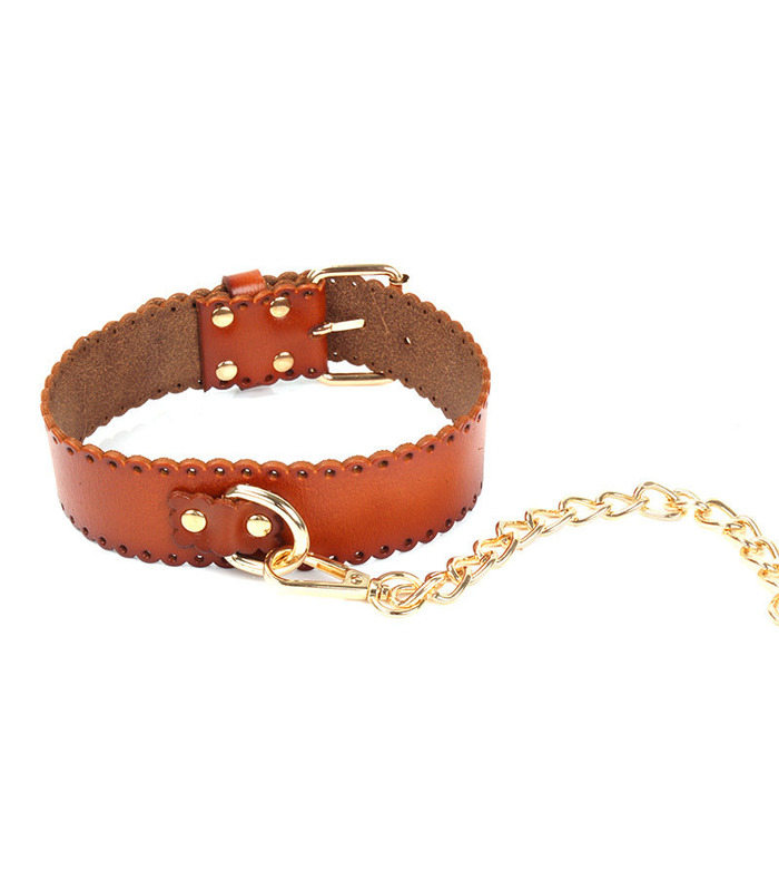 PU Leather Metal Chain Leash SM Restraint Tied Collar Slave Play Restraints Adult Games Toys - Orange