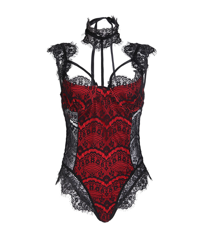 Chest Open Flower Totem Printed Backless Lace Hem Teddy Sexy Lingeries for Women