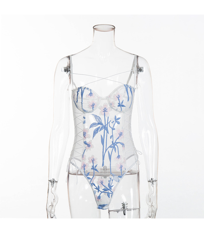 Strappy Floral Mesh Lace Necken Stickerei Teddy