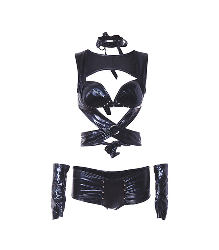 Schwarz-Leder Aushöhlen Taille Cross Gürtel Clubwear