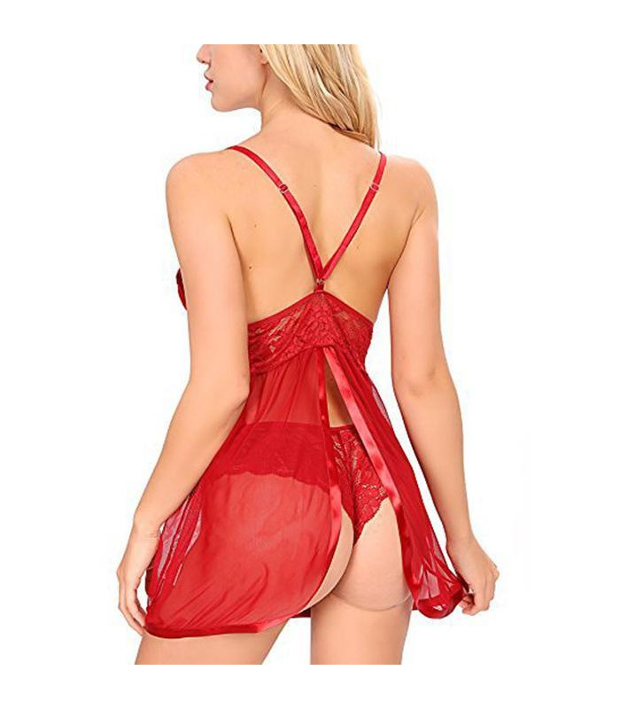 Wimpern Spitze Satin Babydoll-T-back-Set Criss Cross Rücken Tief V Sexy Dessous