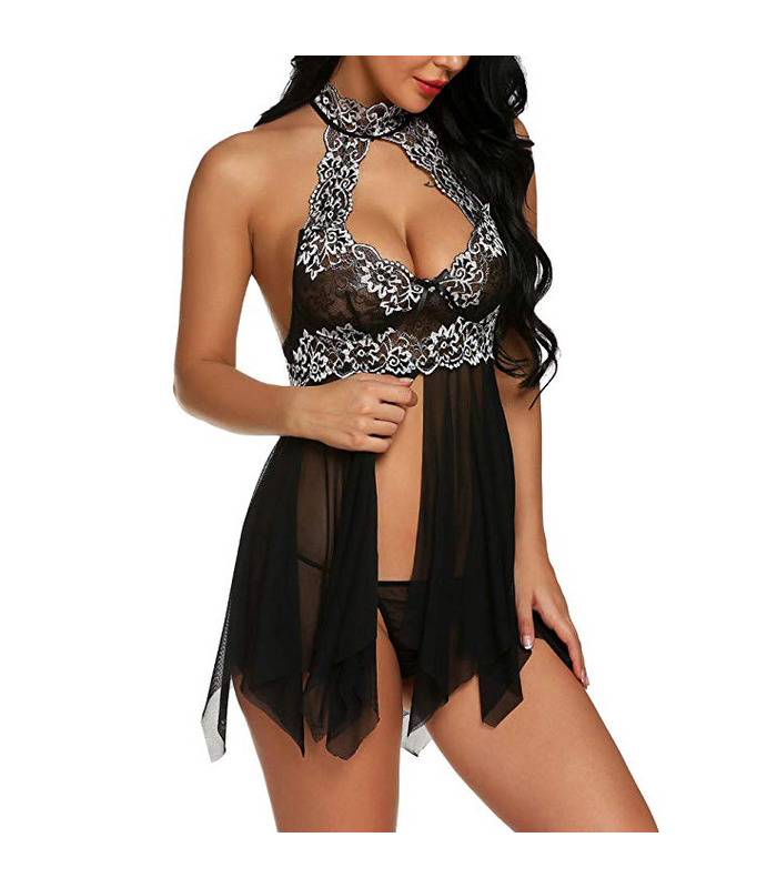 Halter Chest Hollow Out Flower Printing Lace Hem Babydoll Sexy Lingerie for Women