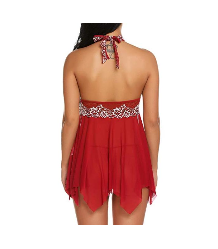 Halfter Brust Hohl-Out-Blumen-Druck-Spitze-Saum Babydoll Sexy Dessous für Frauen