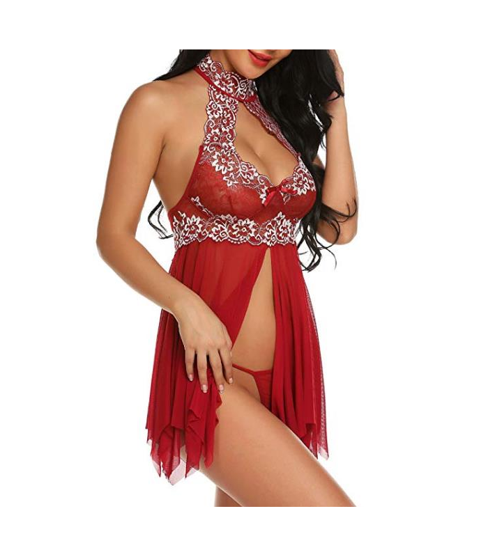 Halfter Brust Hohl-Out-Blumen-Druck-Spitze-Saum Babydoll Sexy Dessous für Frauen