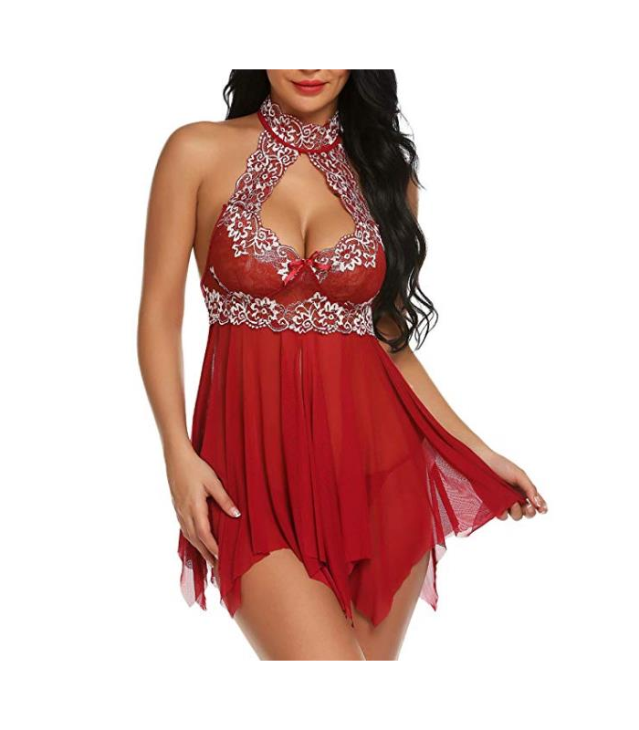 Halter Chest Hollow Out Flower Printing Lace Hem Babydoll Sexy Lingerie for Women