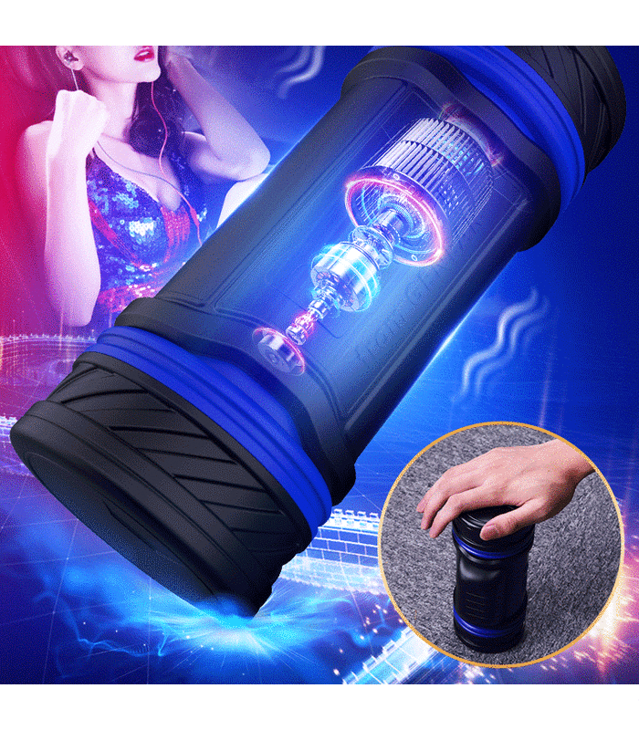 Double Ended Powerful Rotation Male Masturbator Rechargeable Realistic Vagina and Mouth - Blue