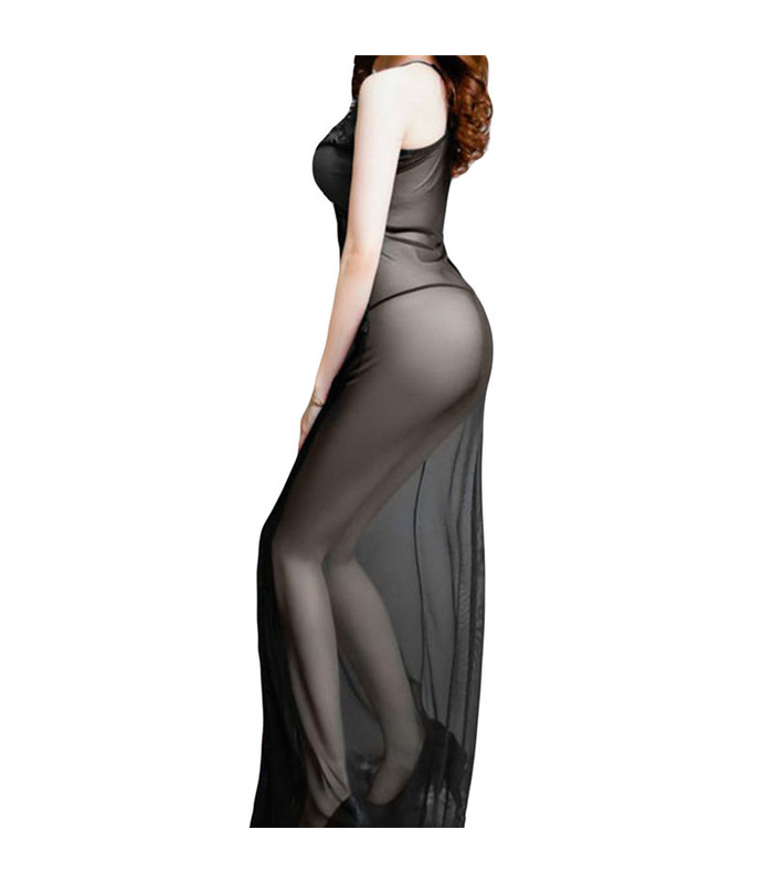 Dark V See-through Lace Mesh Back Cross Belts Chemise - FreeSize Black