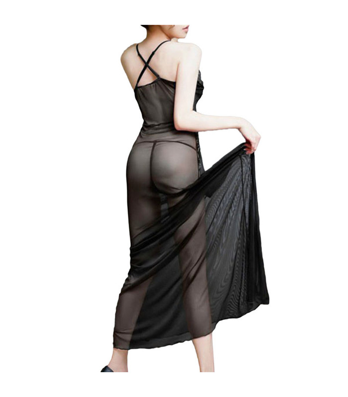 Dark V See-through Lace Mesh Back Cross Belts Chemise - FreeSize Black