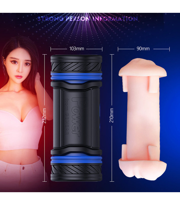 Double Ended Powerful Rotation Male Masturbator Rechargeable Realistic Vagina and Mouth - Blue
