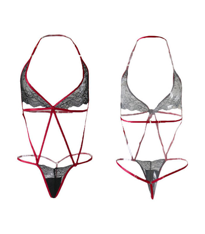 Strappy Flower Lace Hollow Out Backless Halter Teddy Female Sexy Lingerie