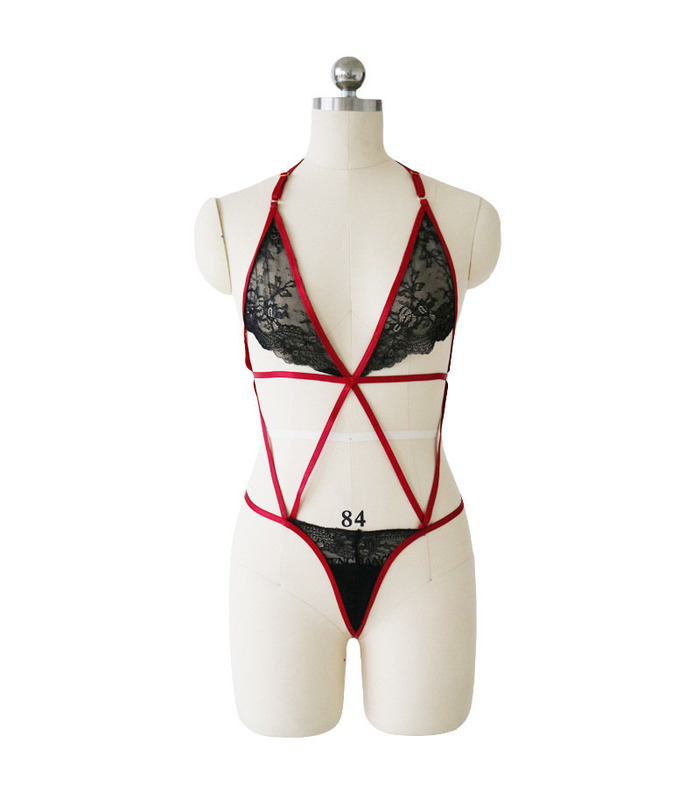 Strappy Flower Lace Hollow Out Backless Halter Teddy Female Sexy Lingerie