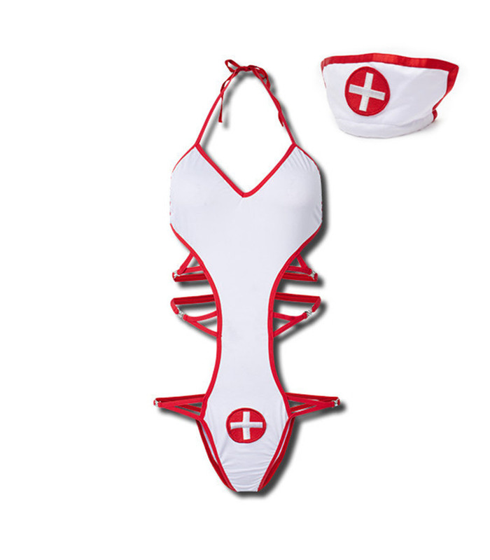 Halloween Nurse Cosplay Hollow Backless Cap Teddies - US6 White