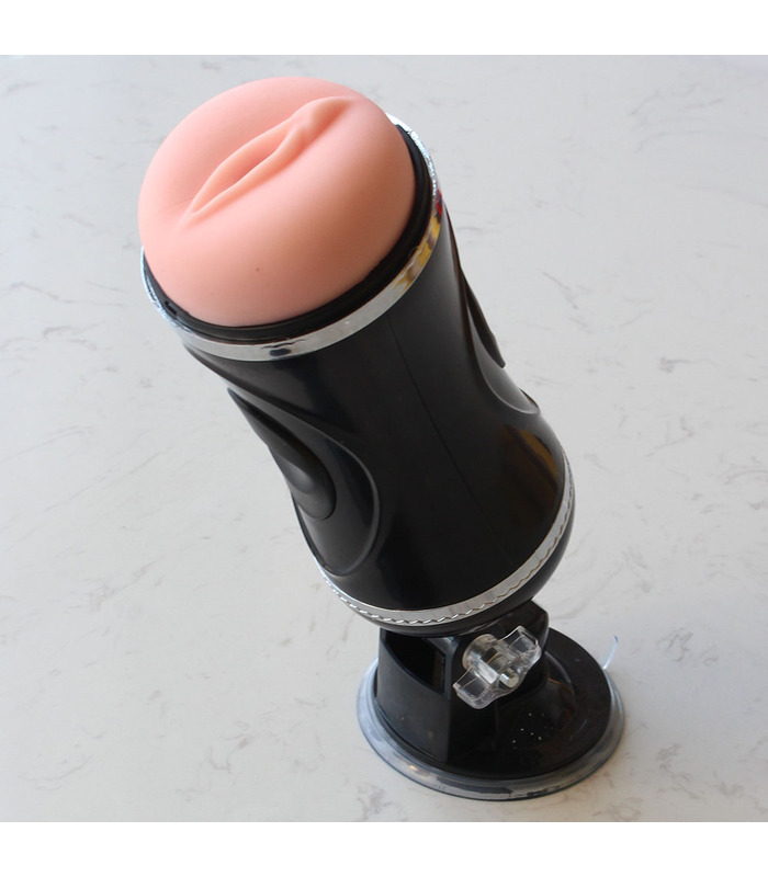 Double Ended Strong Suction Cup Male Masturbator Realistic Vagina and Ass Extrudable Shaft - Black