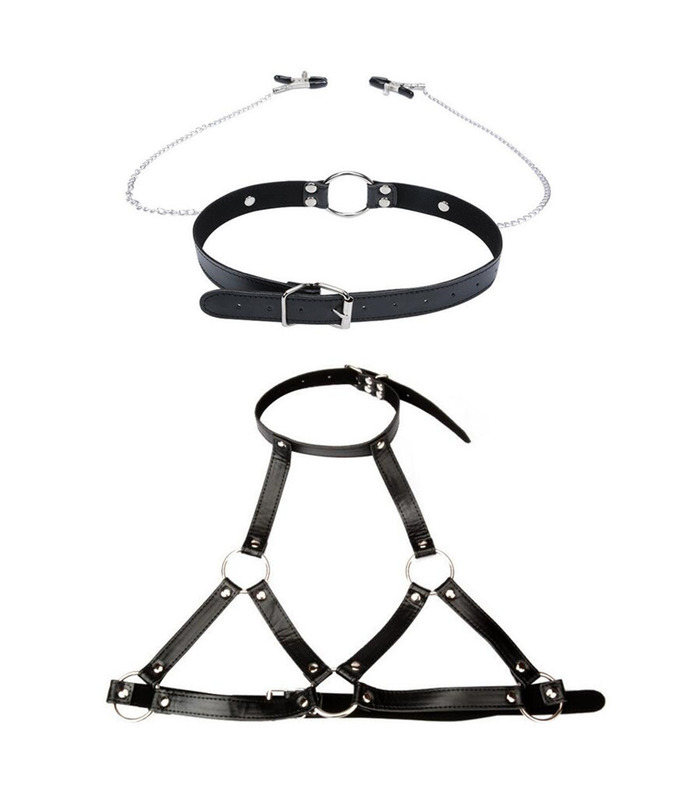 Faux Leather Bondage Restraint Nipple Clamps Slave Bra Mouth Gag